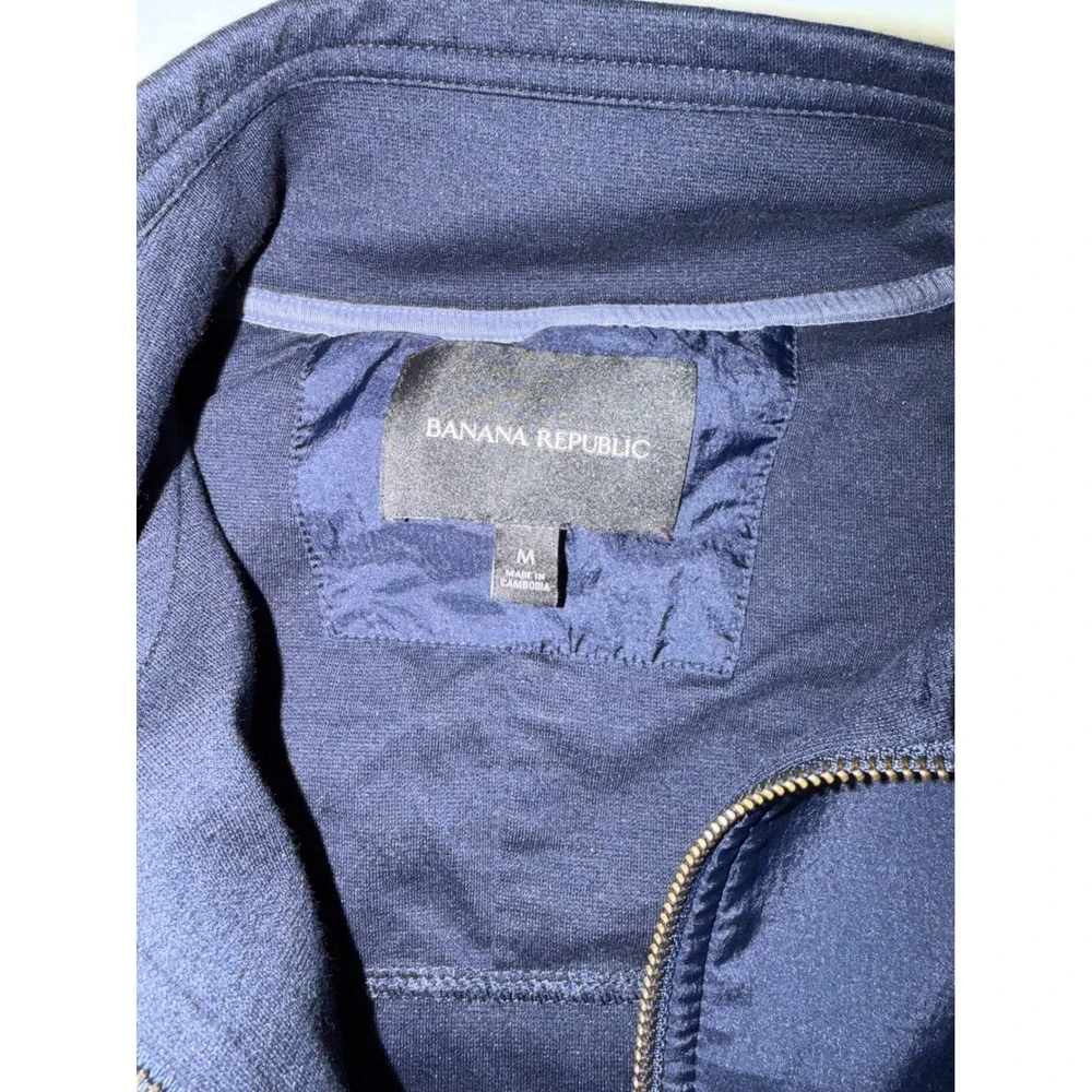 Banana Republic Mens Med Mixed Media Bomber Jacket Navy Blue Full Zip Preppy EUC